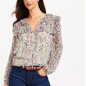 LOFT Floral Ruffle V-Neck Blouse in Pink and Green